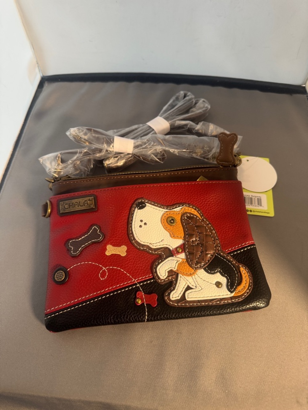 Chala Red & Brown Dog Applique Crossbody/adjusts 3 lengths Bag new with tags